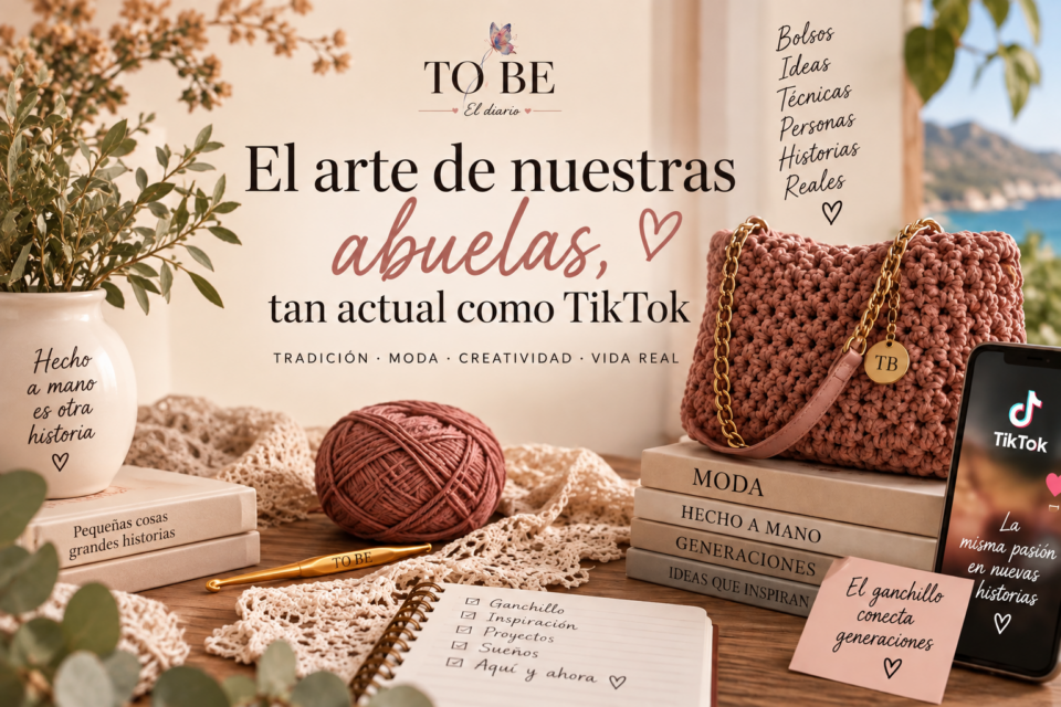 Imagen sobre el ganchillo en 2026 que une la tradición de las abuelas con la moda actual, las redes sociales y los bolsos de crochet.